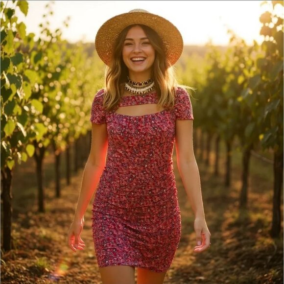 Twiin Tied Mesh Mini Dress – Red & Pink Floral Cut‑Out Neckline NWT XS - Picture 6 of 6